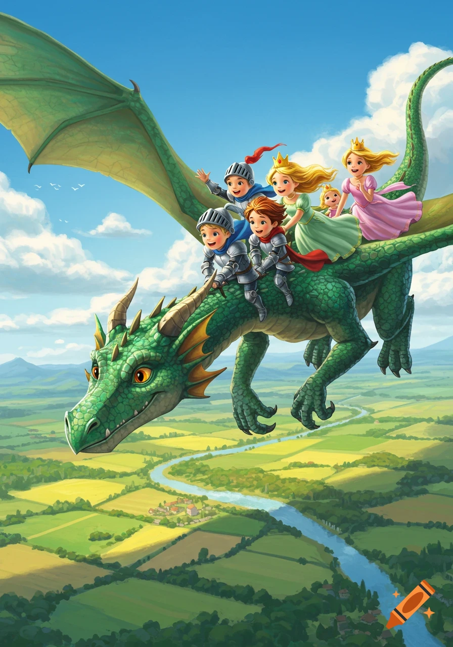 A vibrant illustration shows a large green dragon flying high above a lush, green landscape, carrying two young knights and three princesses on its back.