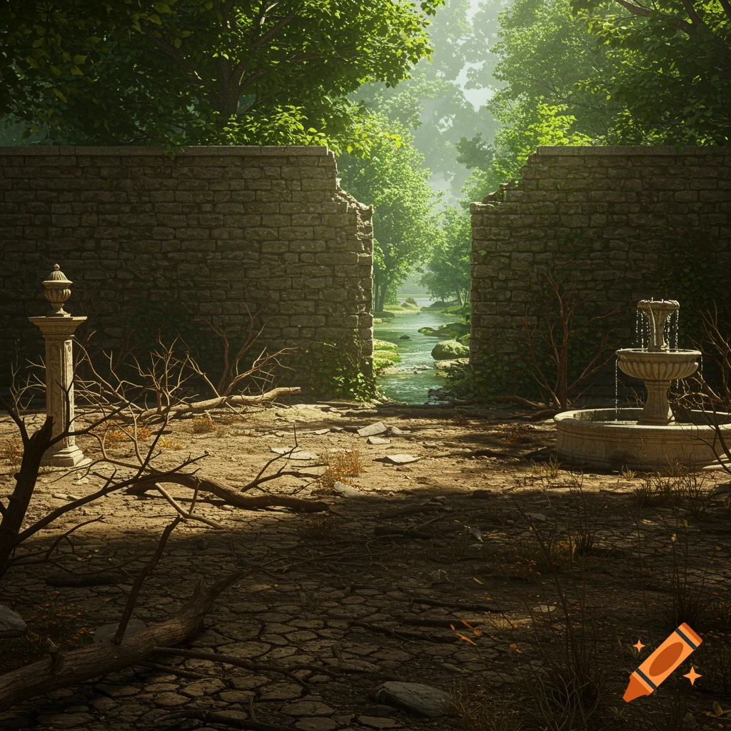 A sunlit ruined stone wall divides a lush green forest with a flowing river from a dry, cracked garden with a fountain and dead branches.