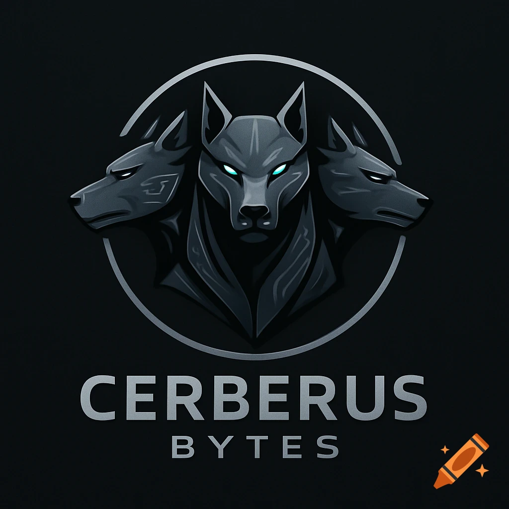 A dark, stylized logo featuring a three-headed dog with glowing blue eyes in a silver circle, with 'CERBERUS BYTES' text below.