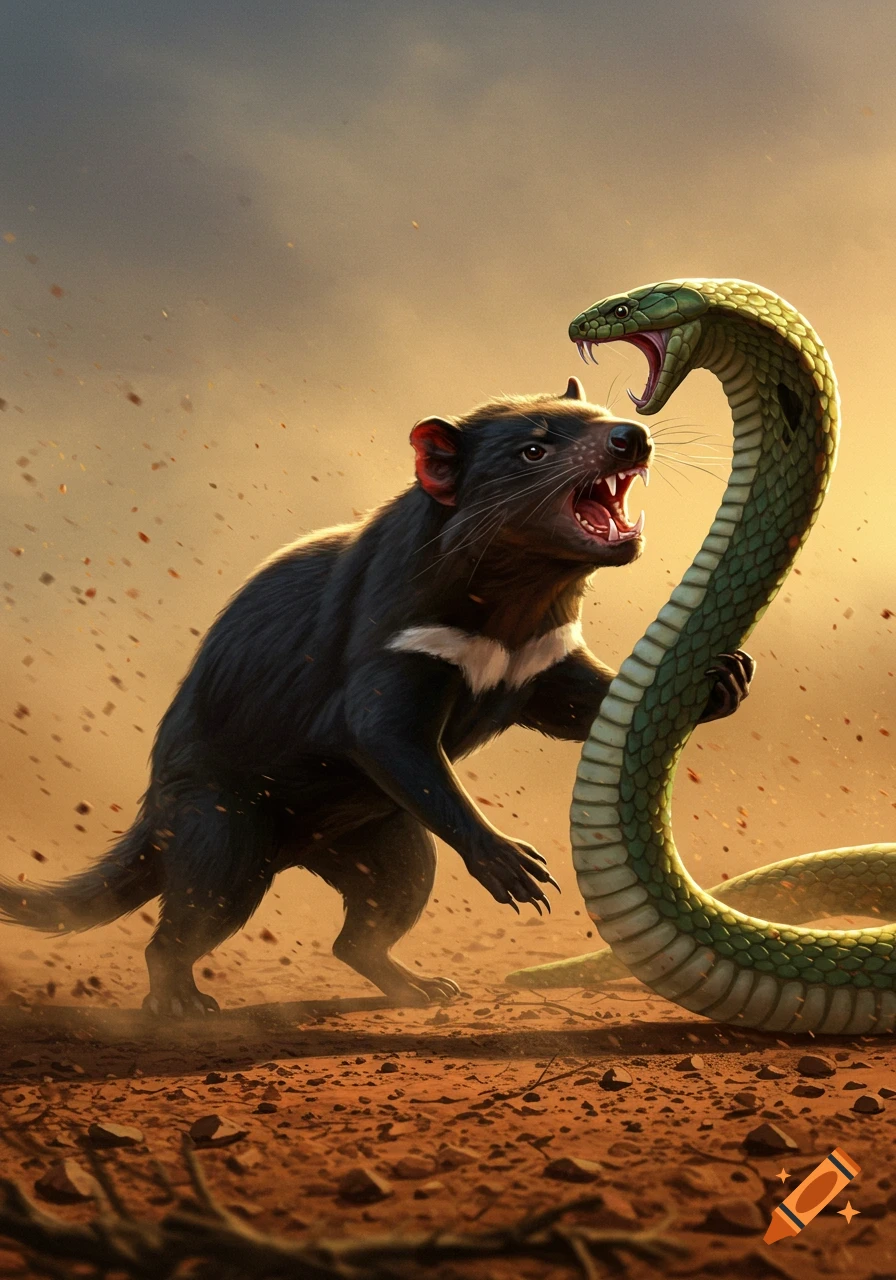 A Tasmanian devil with an open mouth confronts a green cobra, standing on dusty ground with debris flying.