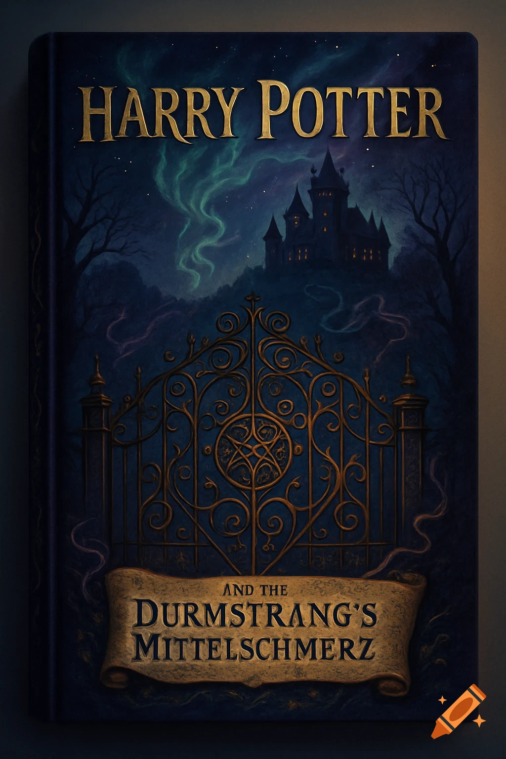 A dark fantasy book cover for "Harry Potter and the Durmstrang's Mittelschmerz" with a castle and ornate gate under aurora borealis.