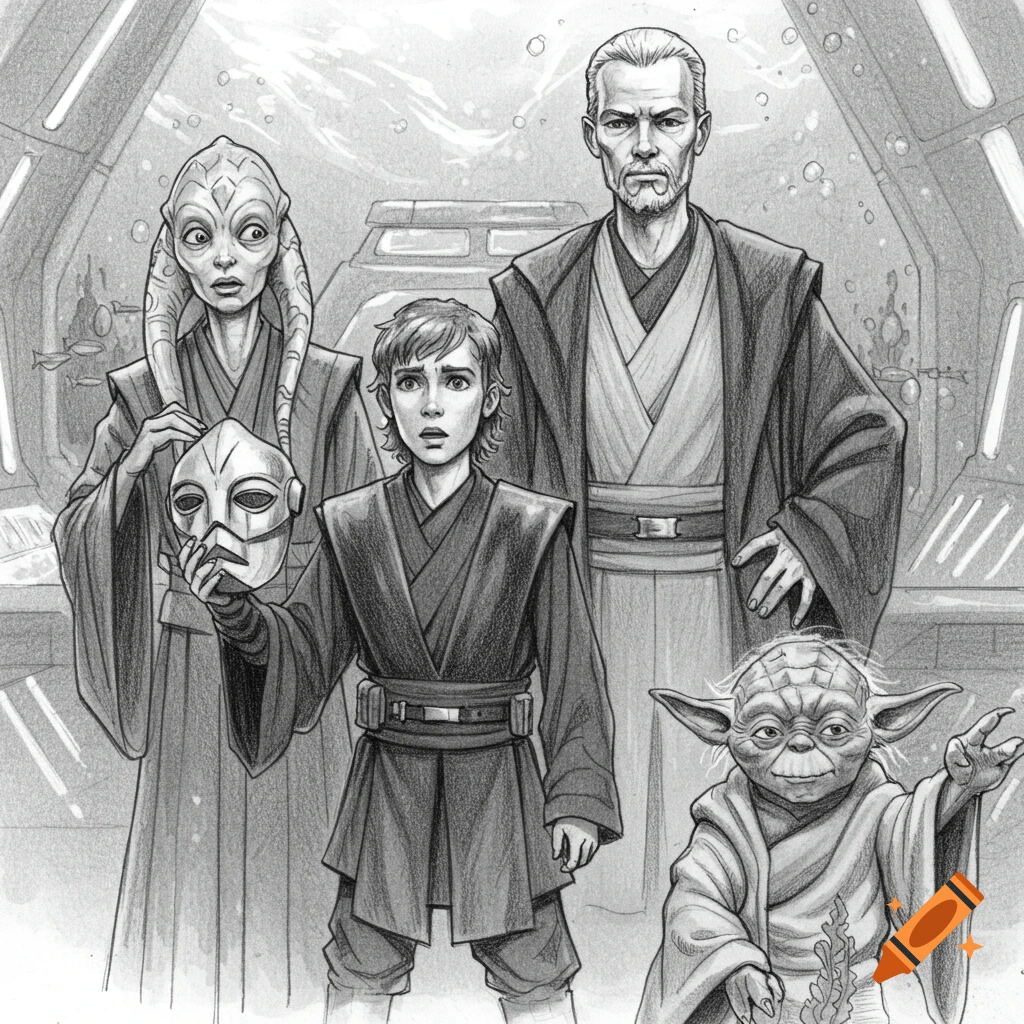 A black and white pencil sketch of Star Wars characters. Young Anakin Skywalker holds a mask, looking surprised, alongside Obi-Wan Kenobi, Yoda, and another Jedi.