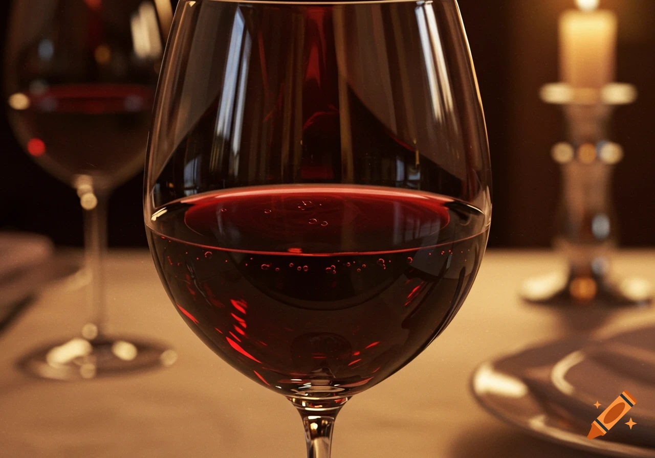 A close-up, photorealistic shot of a glass of red wine on a table with another glass and a candlestick in the background.