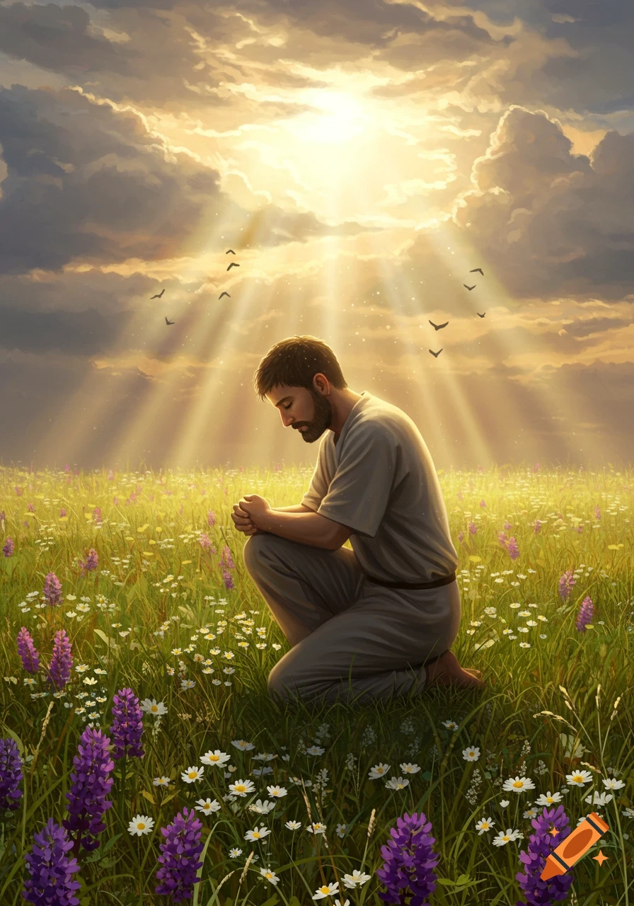 A man kneels with clasped hands in a vibrant field of flowers under a bright, ray-filled sky.