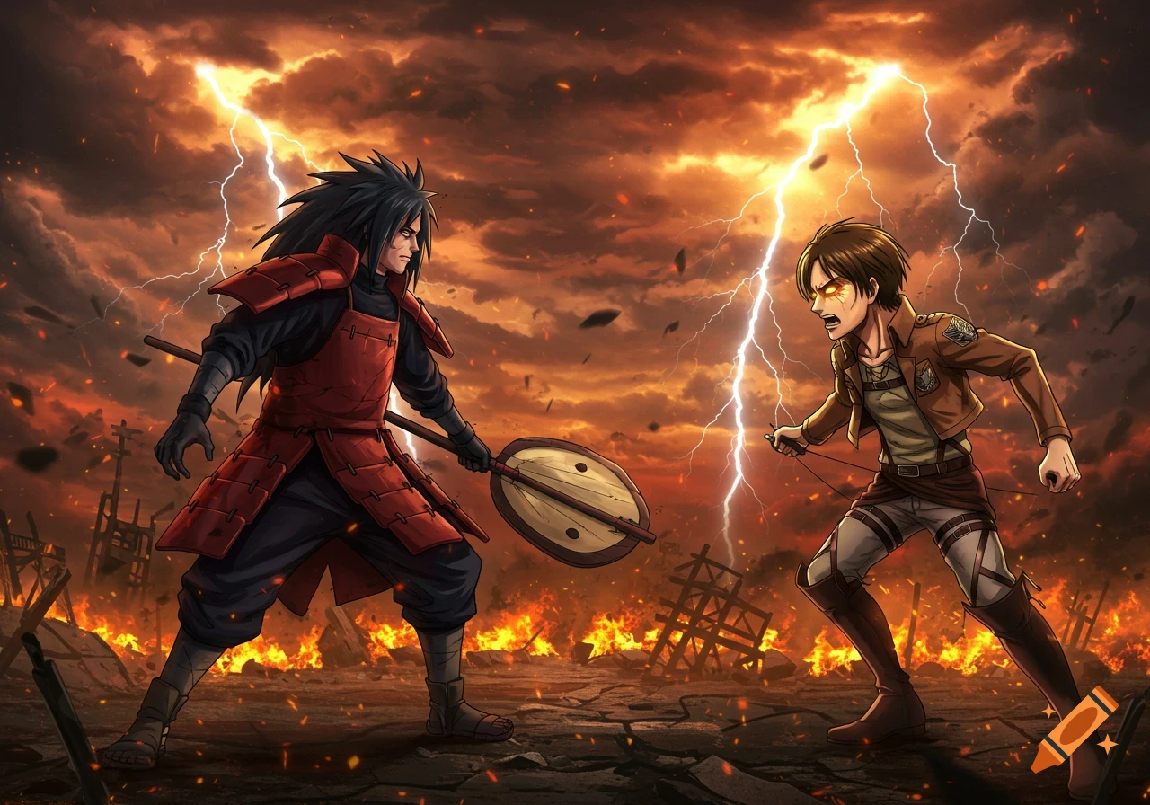 Anime characters Madara Uchiha and Eren Yeager face off in a fiery, lightning-filled battleground.
