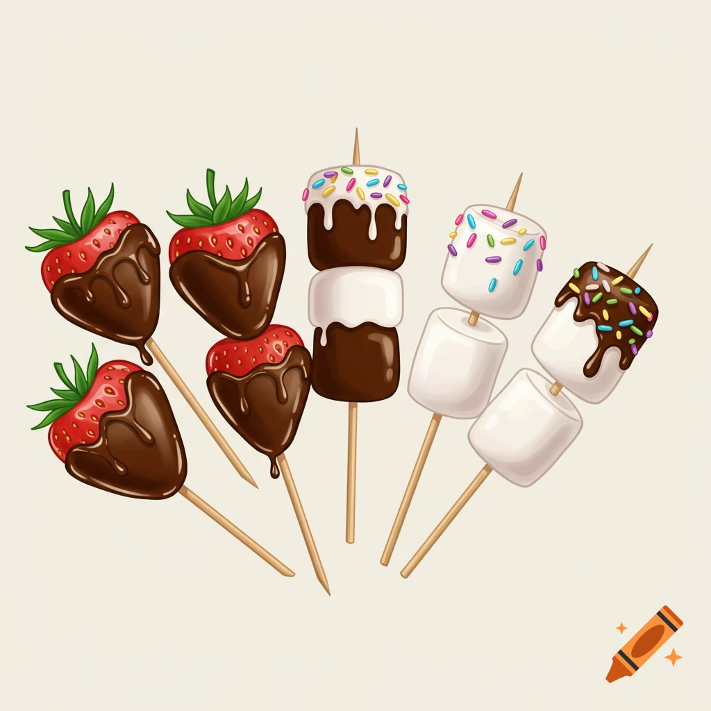 Chocolate-dipped strawberries and marshmallows on sticks in a clipart style.