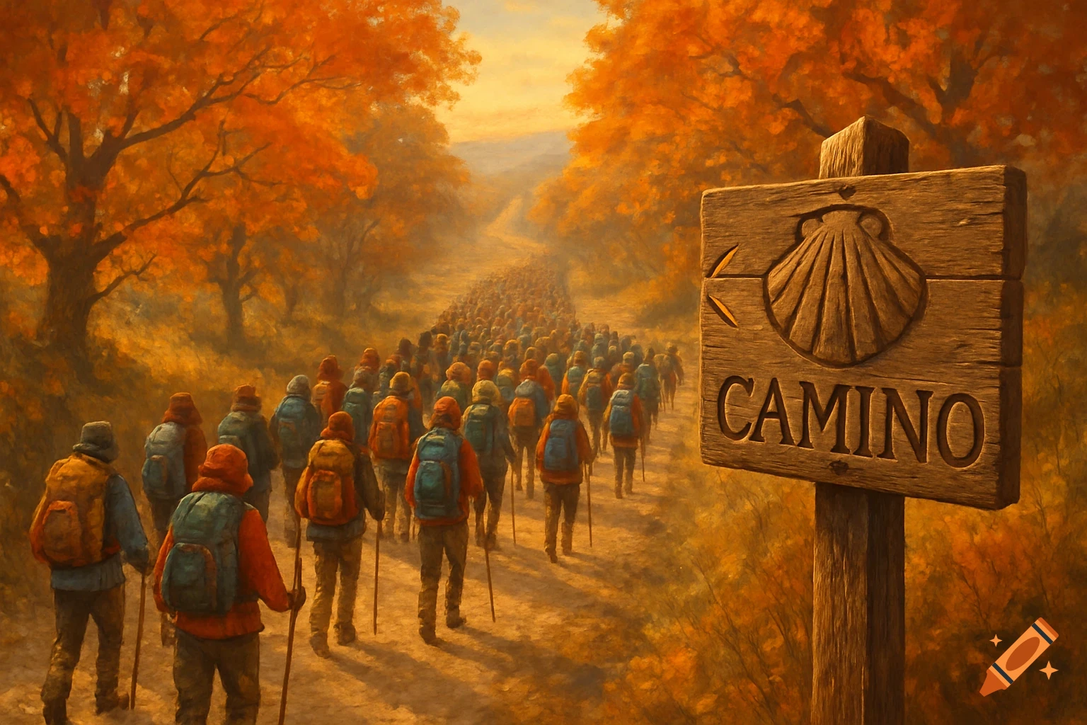 A large group of people with backpacks walk down a path lined with vibrant orange trees, with a wooden signpost reading "CAMINO" and a shell symbol in the foreground, in a painterly style.