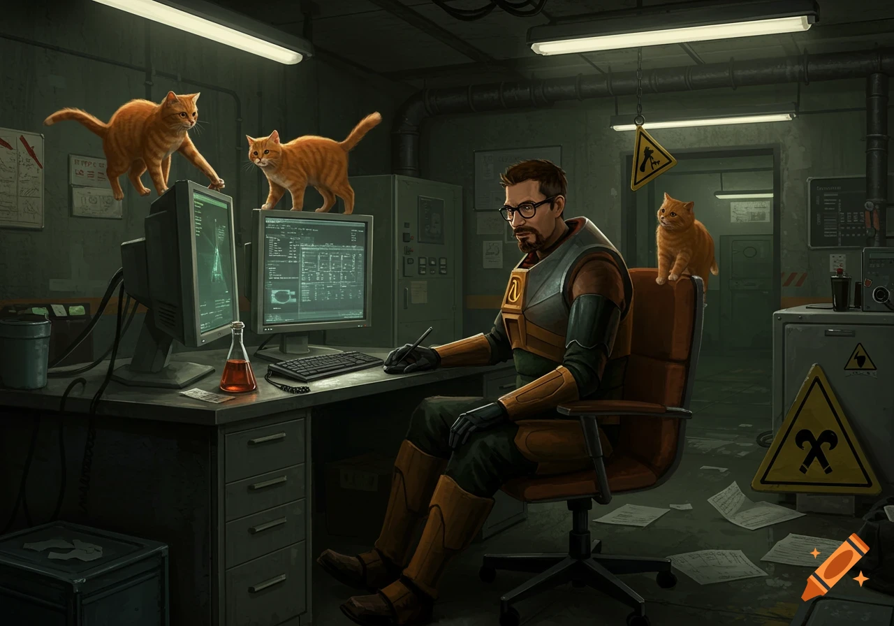 Gordon Freeman from Half-Life working at a computer in a lab with three ginger cats causing mischief around him.