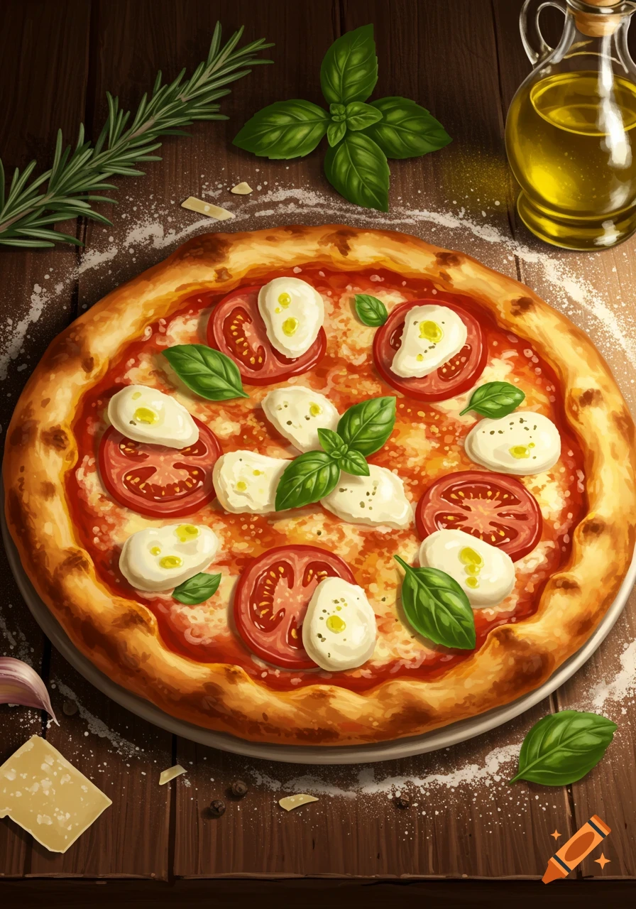 Illustrative top-down view of a fresh pizza with tomatoes, mozzarella, and basil on a wooden table with ingredients.