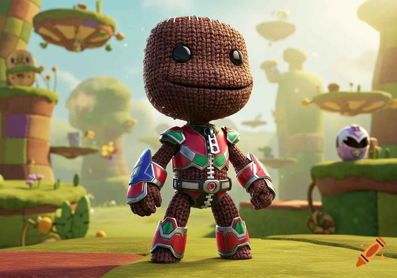 Sackboy from Little Big Planet dressed in a red and green armored suit, reminiscent of a Power Ranger, standing in a colorful, whimsical game world.