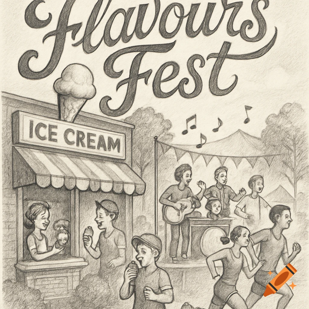 A pencil drawing of the "Flavours Fest" with an ice cream shop, live music, and a running race.