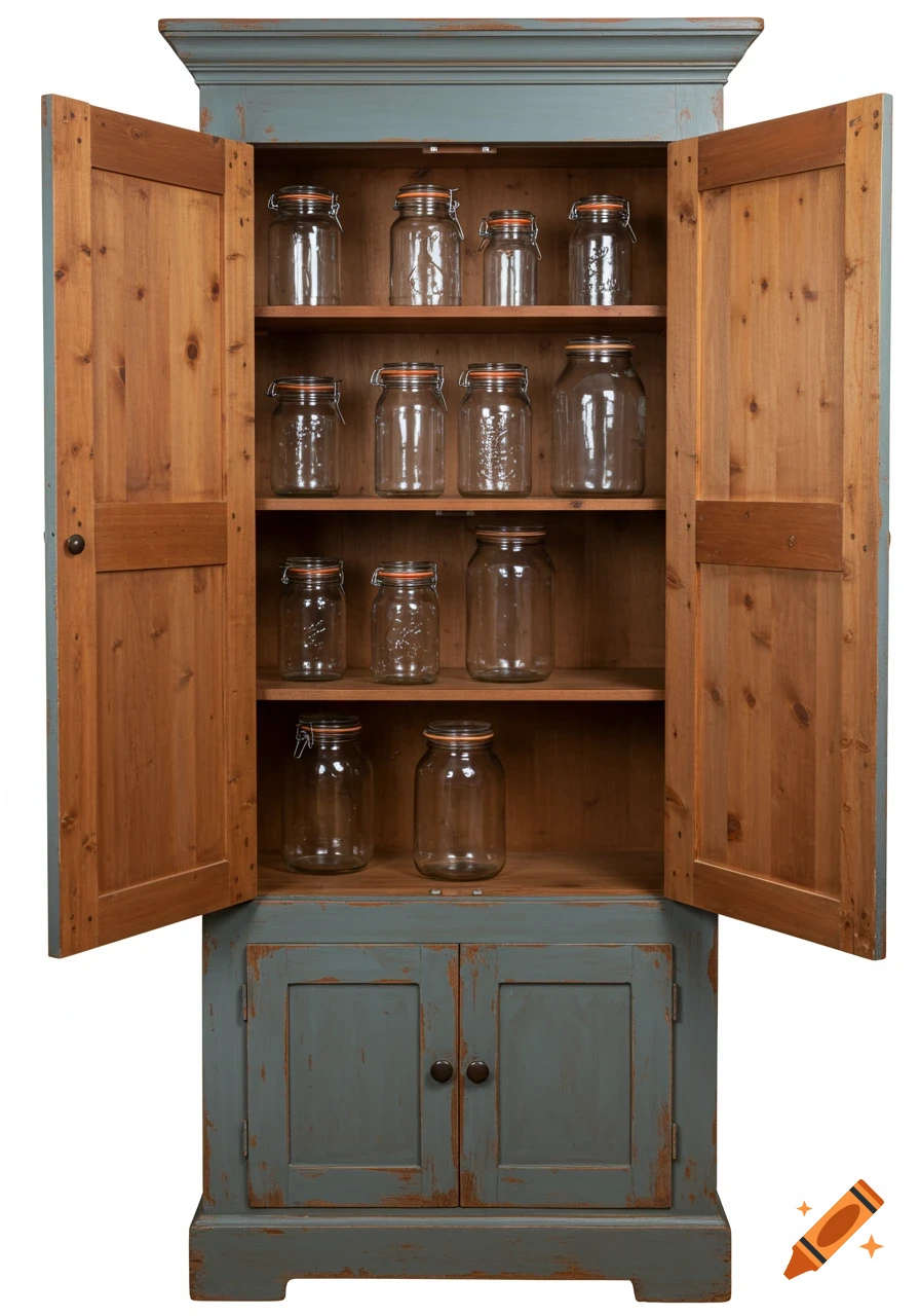 An open, distressed blue-gray and wooden jelly cabinet filled with glass jars on a white background, photorealistic.