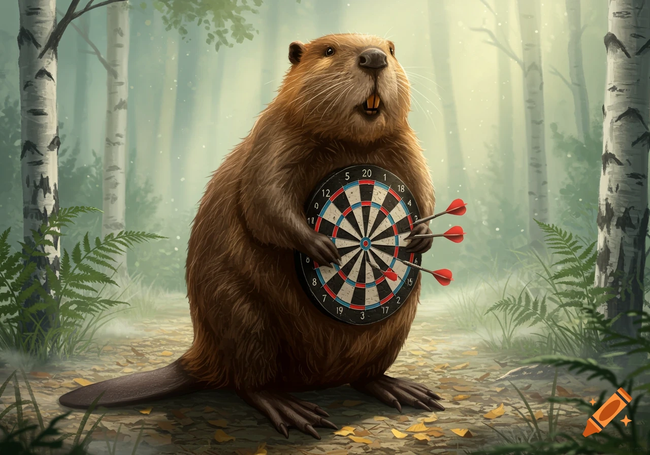 A furry beaver holds a dartboard with three red darts stuck in it, standing in a sunlit forest.