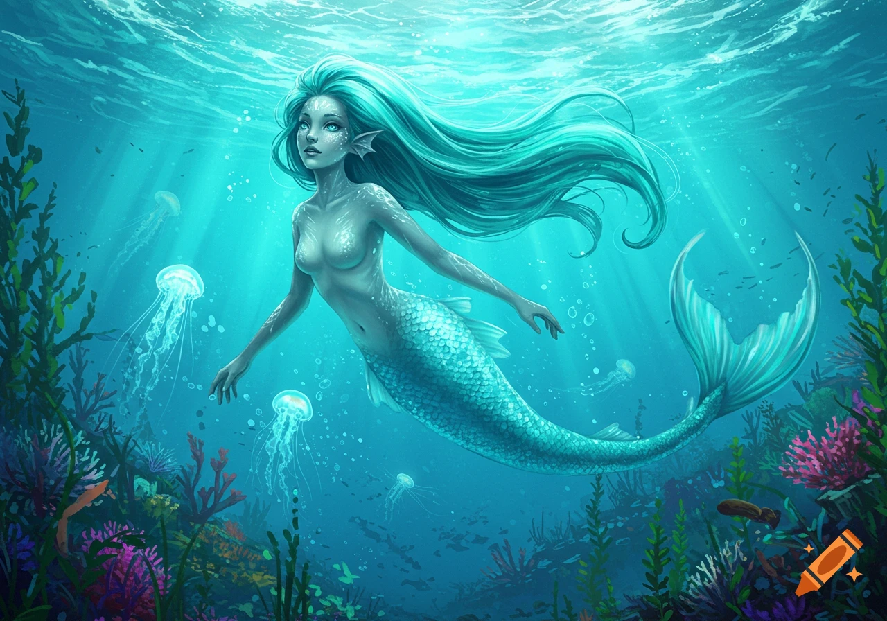 A beautiful mermaid with flowing teal hair and a shimmering teal tail swims gracefully in a vibrant underwater scene with jellyfish and coral.