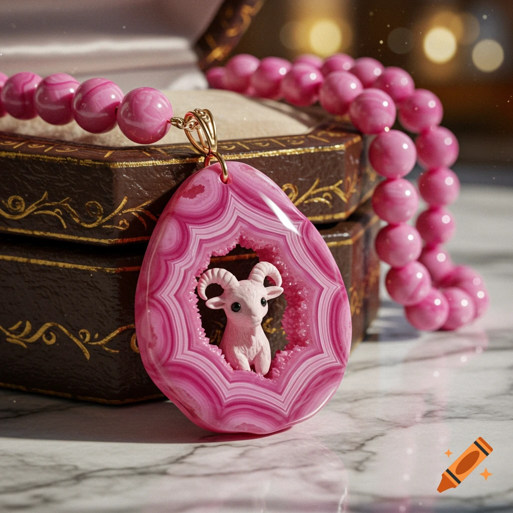 A vibrant pink agate gemstone necklace features a pendant with a small pink goat figure inside, resting on a brown jewelry box on a marble surface.