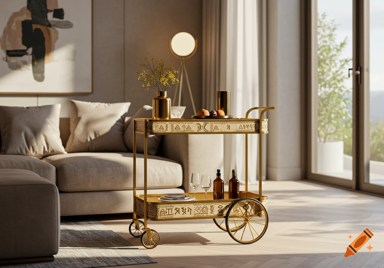 A modern gold serving cart with decorative patterns in a well-lit living room with a sofa and large window.