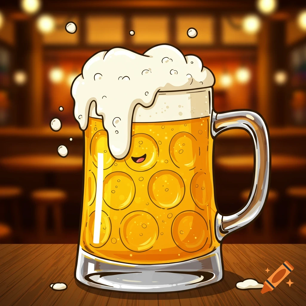 Cartoon frothy beer mug on a wooden table in a dimly lit bar.