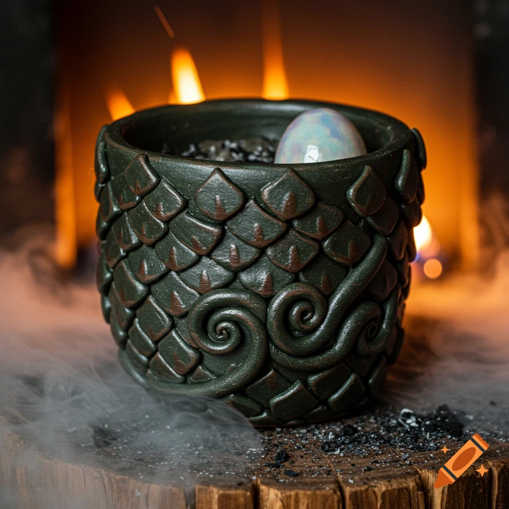 A dark green dragon-scaled pot with a glowing egg and ash sits on a wooden surface with smoke, in front of a fireplace.