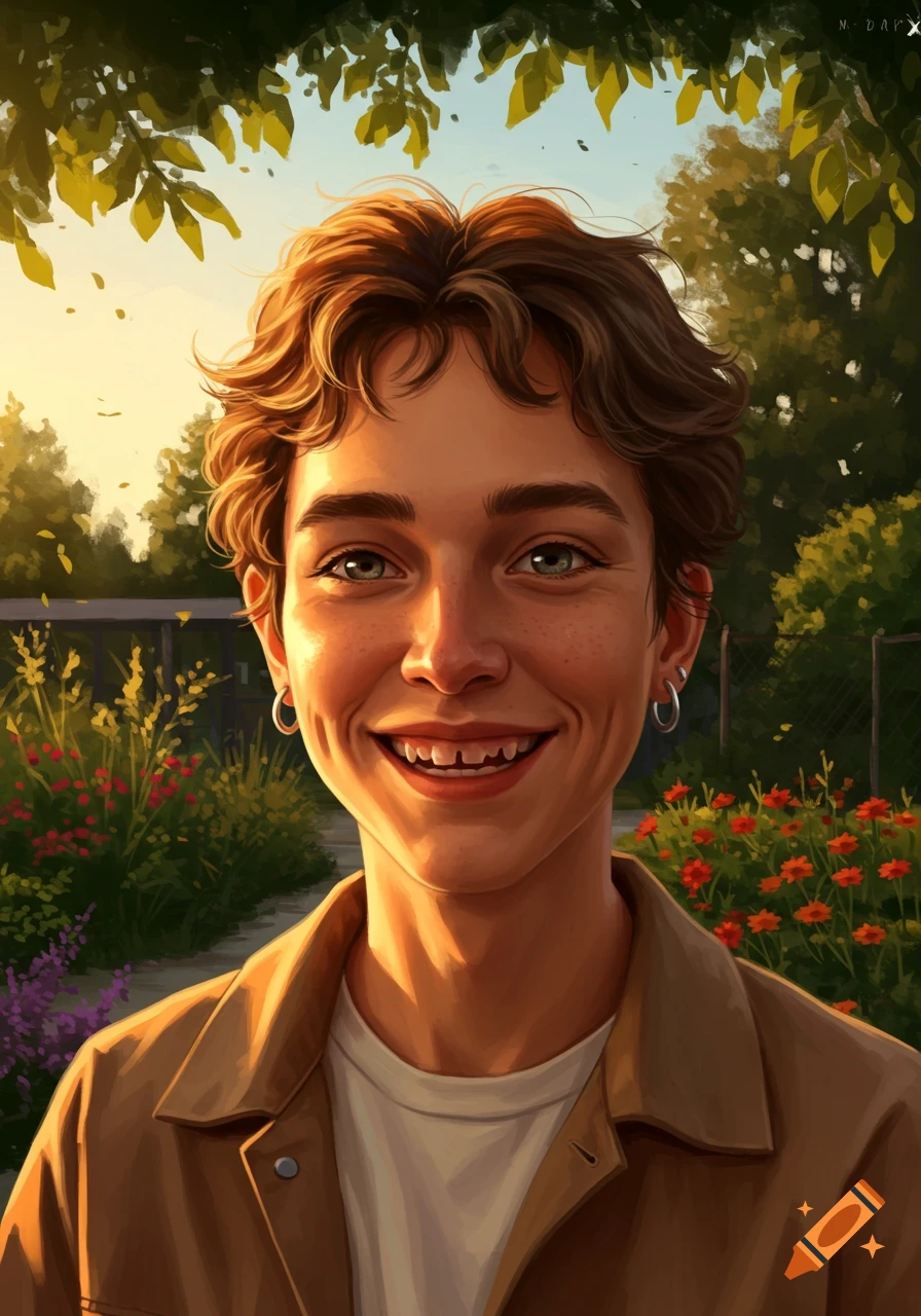 A smiling person with short, wavy brown hair and missing front teeth, stands in a sunny garden with green foliage and flowers in the background, in a digital painting style.