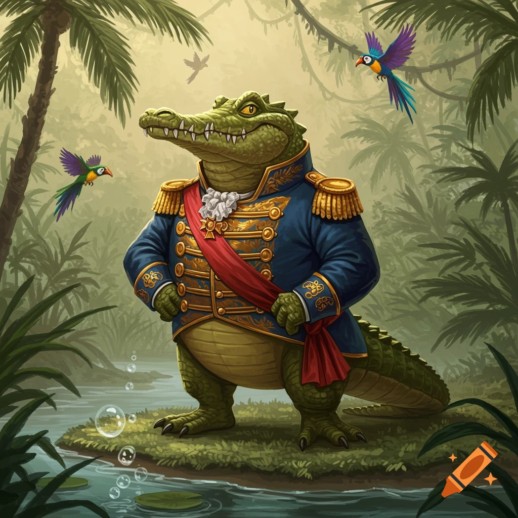 An anthropomorphic alligator wearing a blue and gold military uniform with a red sash stands in a jungle swamp with colorful birds flying around.
