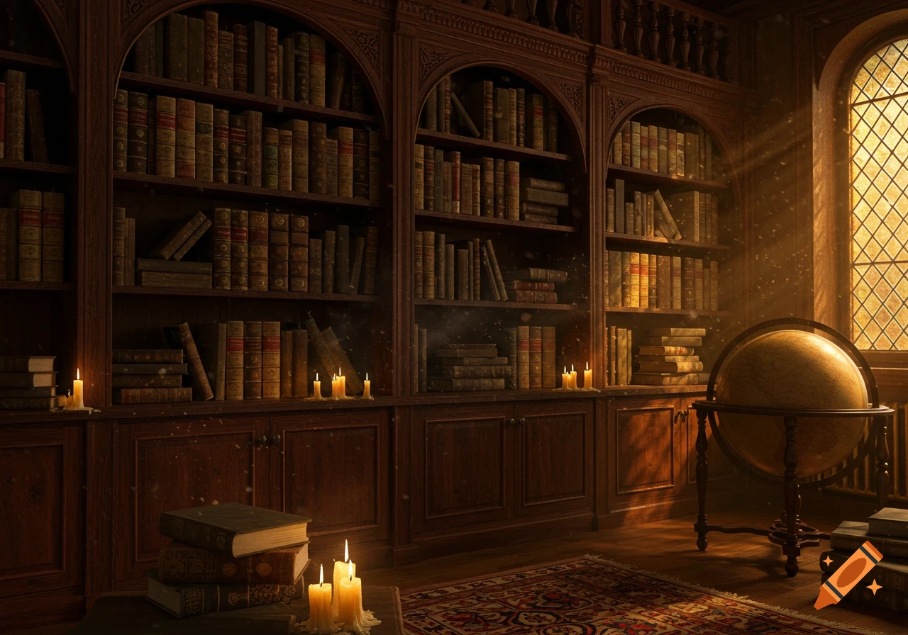 A dimly lit old library with wooden bookshelves full of books, lit candles, an antique globe, and sunlight streaming through a window.