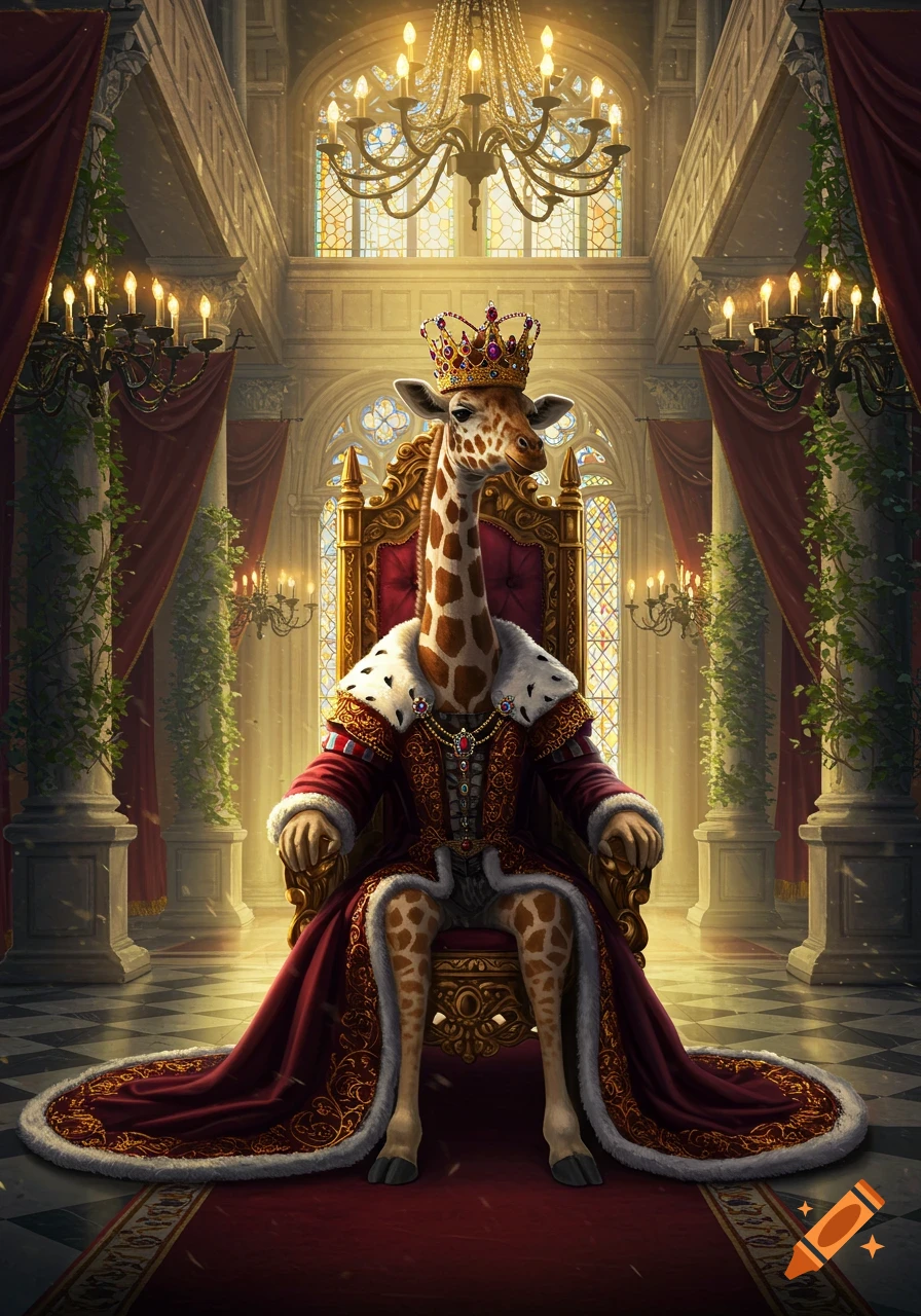 A majestic giraffe wearing a royal crown and a red and gold robe sits on a golden throne in a grand fantasy palace.