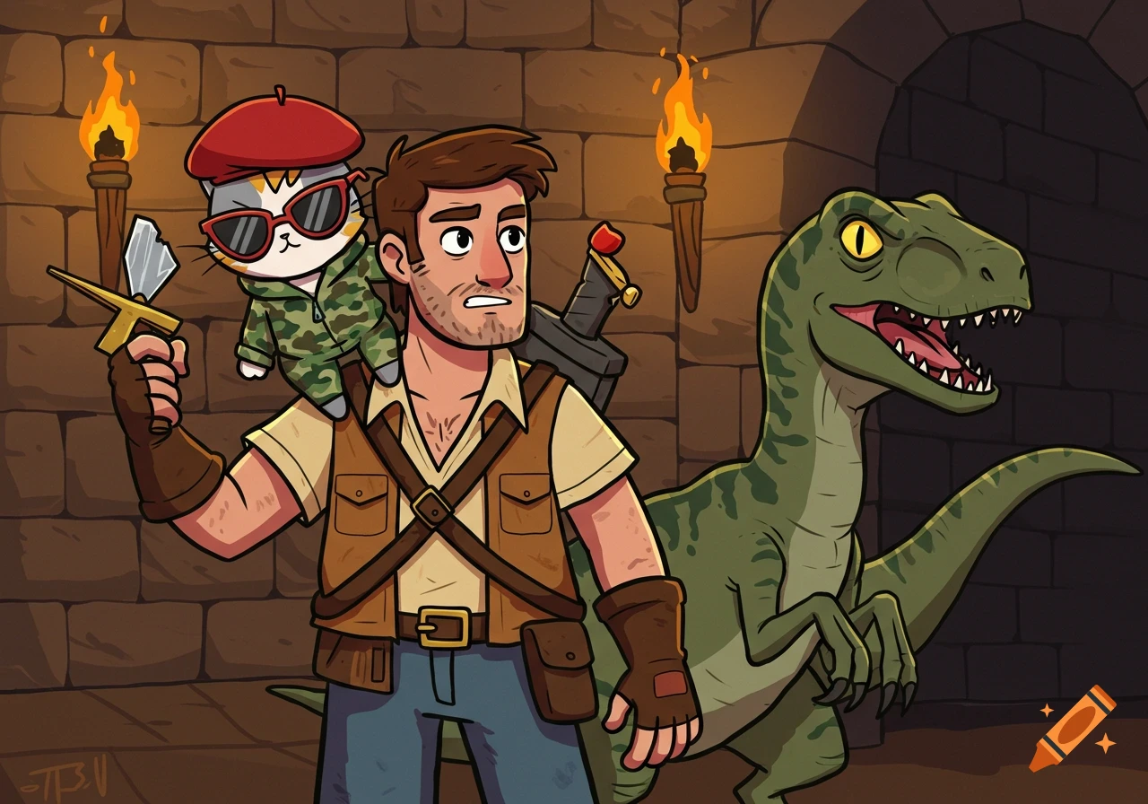 Cartoon adventure scene with a man, a cat in a beret and sunglasses, and a velociraptor in a stone dungeon.