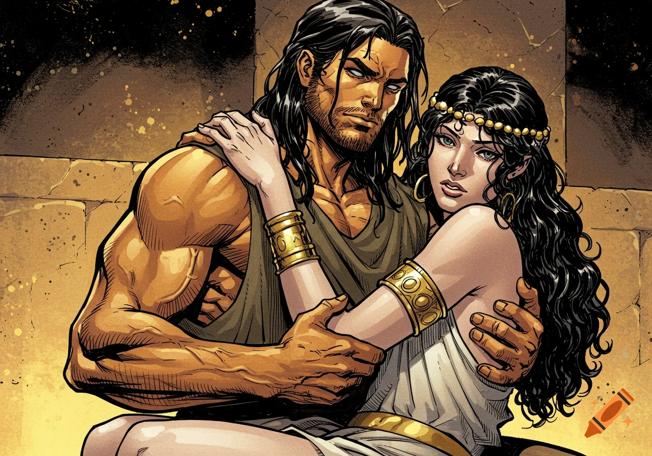 A graphic novel style depiction of a muscular man with long dark hair embracing a woman with long dark hair and a golden headband, both in ancient attire.