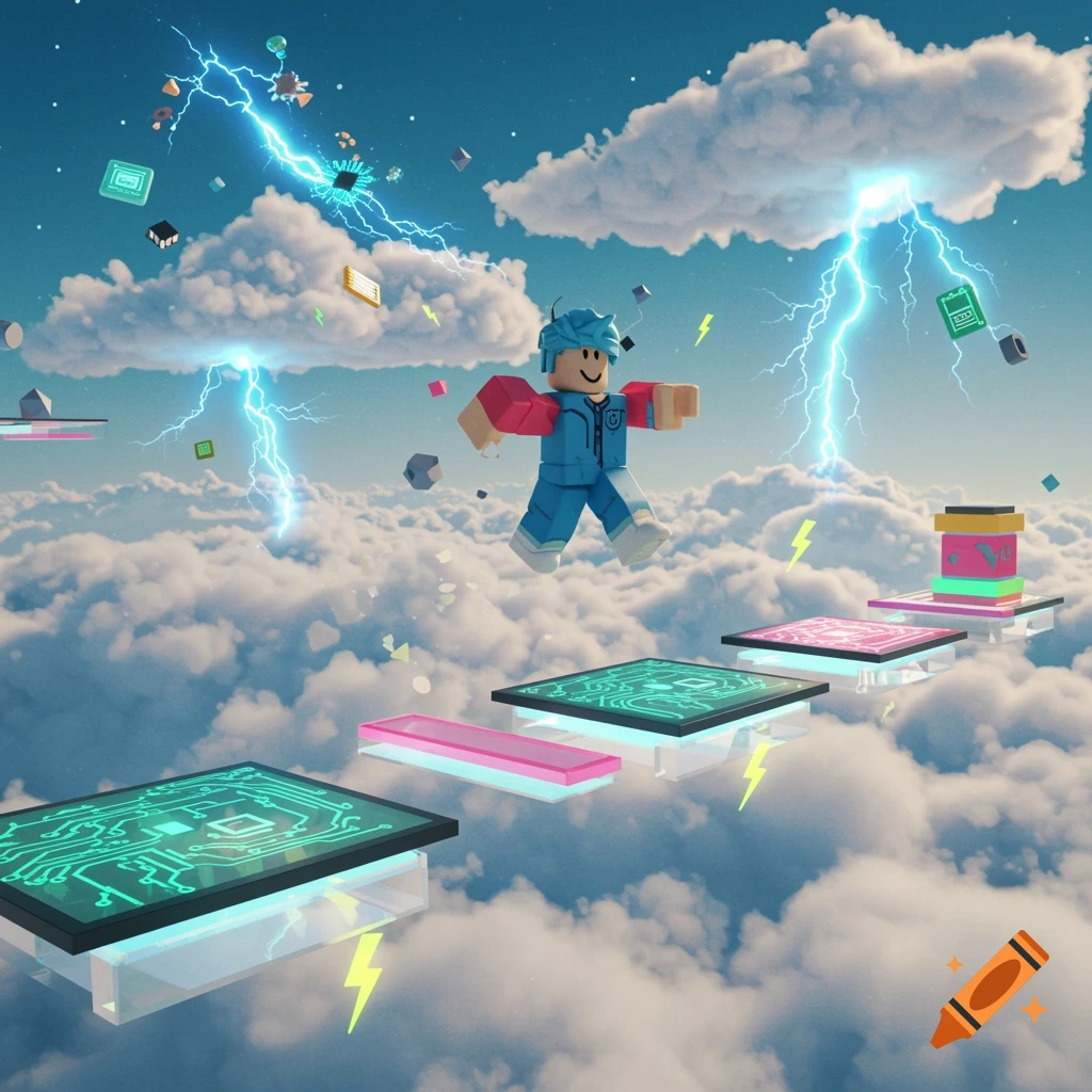 A Roblox character in blue and red jumps across glowing circuit board platforms floating in a cloudy sky with lightning bolts.