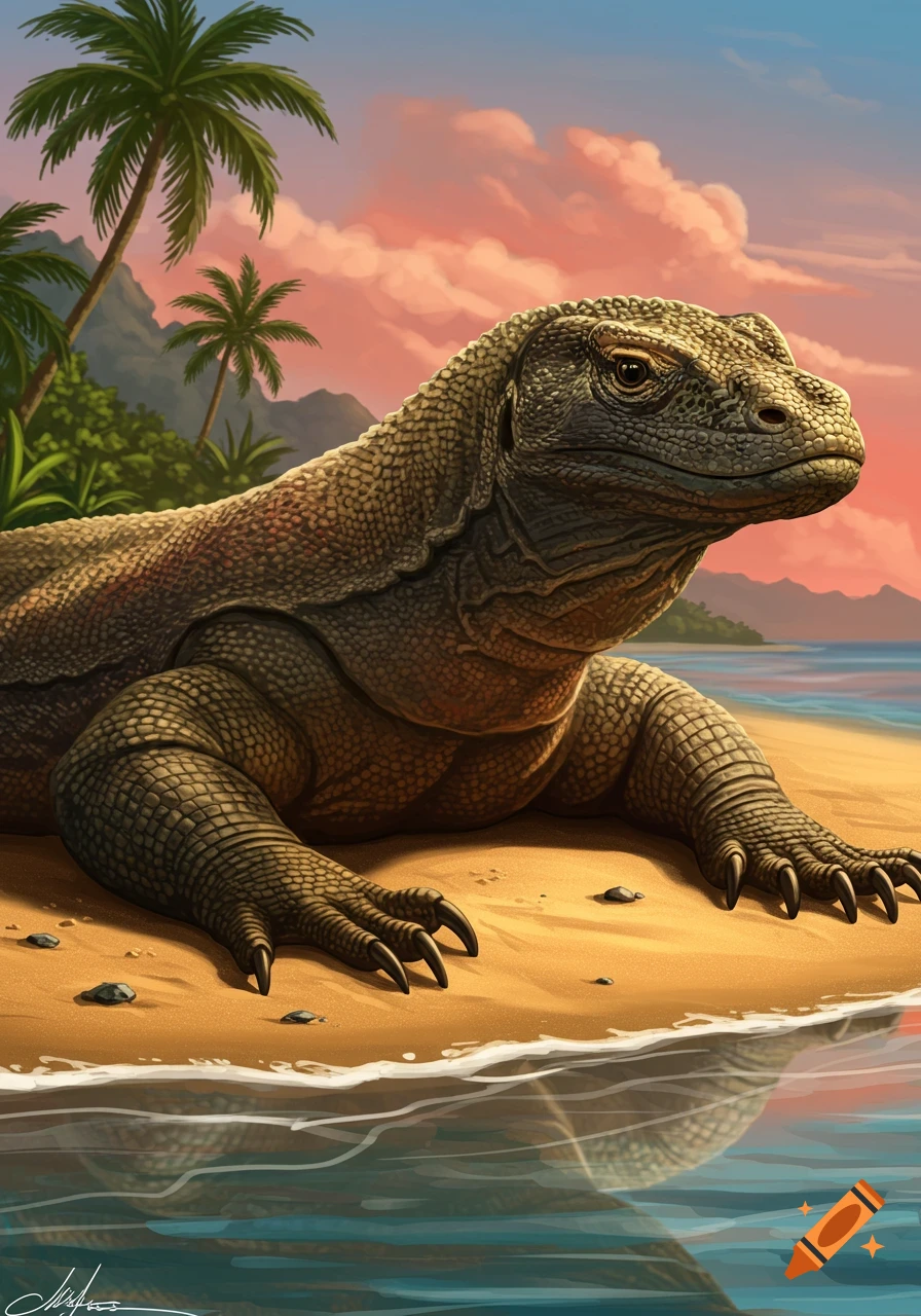 A large Komodo dragon rests on a sandy beach at sunset, with palm trees and mountains in the background, in a vibrant illustration.