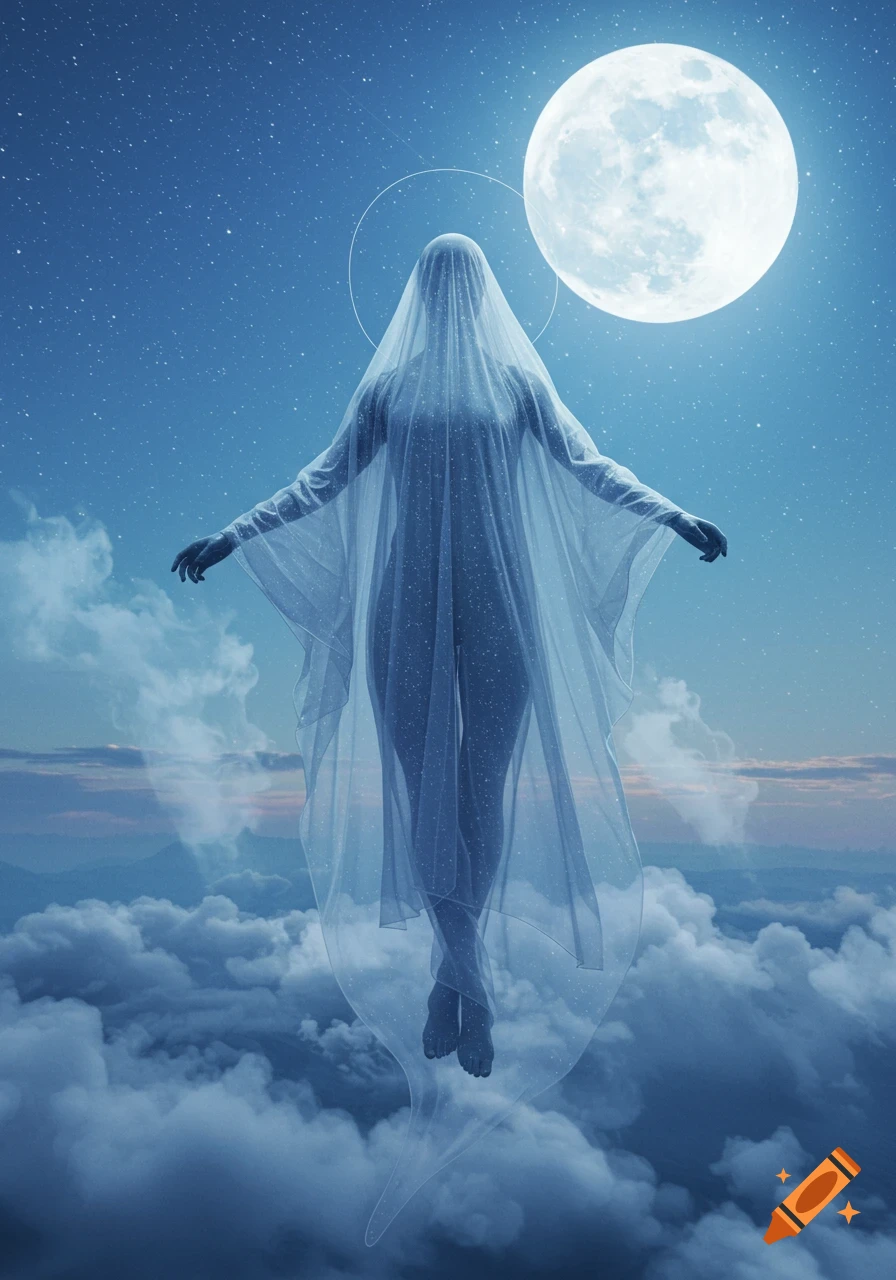 A veiled figure floats gracefully among clouds in a starry night sky with a large, bright full moon.