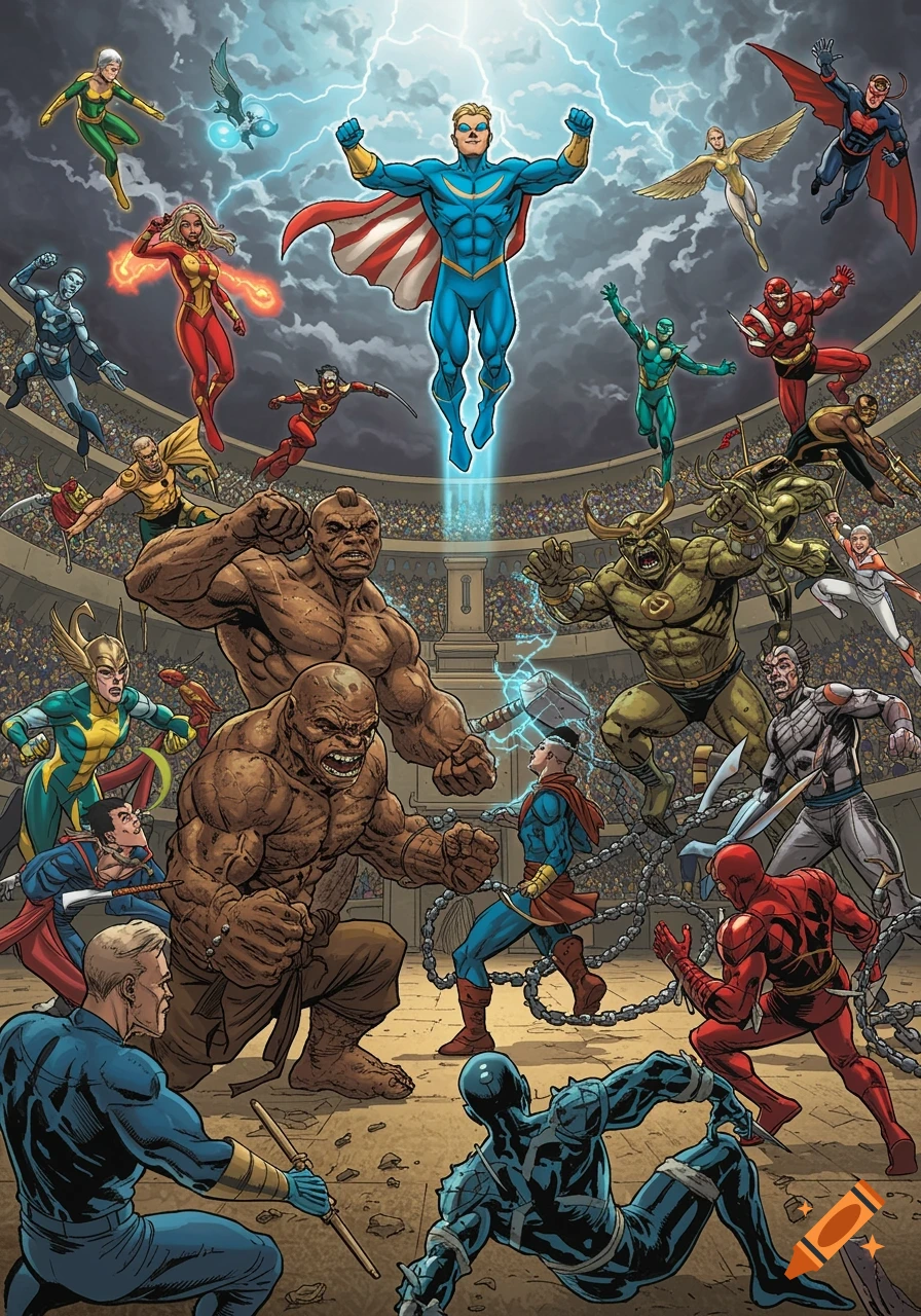 A large group of comic book superheroes and villains engage in a battle royale inside a stadium, with lightning striking from above.