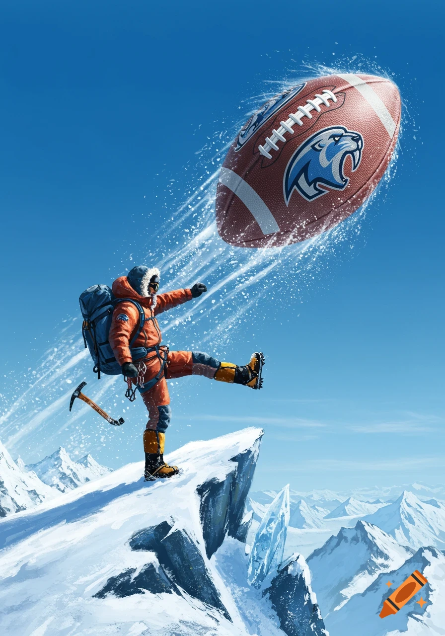 A mountaineer in an orange suit kicks a football with a blue panther logo on a snowy mountain peak under a clear blue sky.