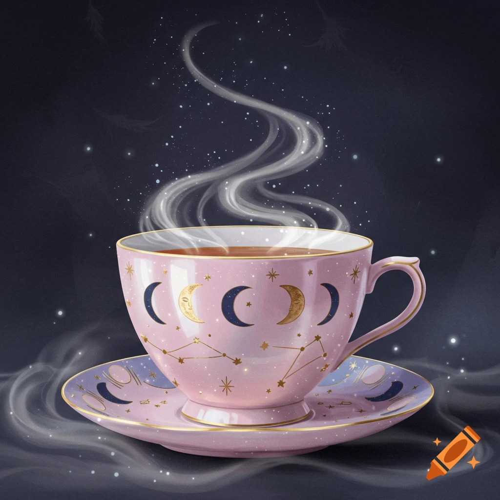 A pink teacup and saucer adorned with golden celestial designs, including moons and constellations, emitting steam against a dark, starry background.