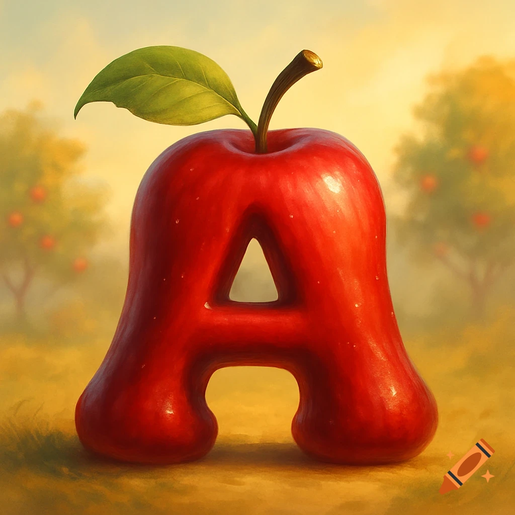 A red letter A shaped like an apple with a stem and leaf, set in a sunny orchard. Stylized illustration.