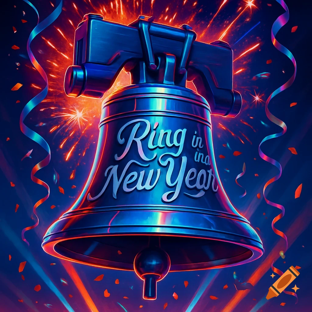 A stylized blue and red Liberty Bell with "Ring in New Year" text, against a backdrop of vibrant fireworks and confetti.