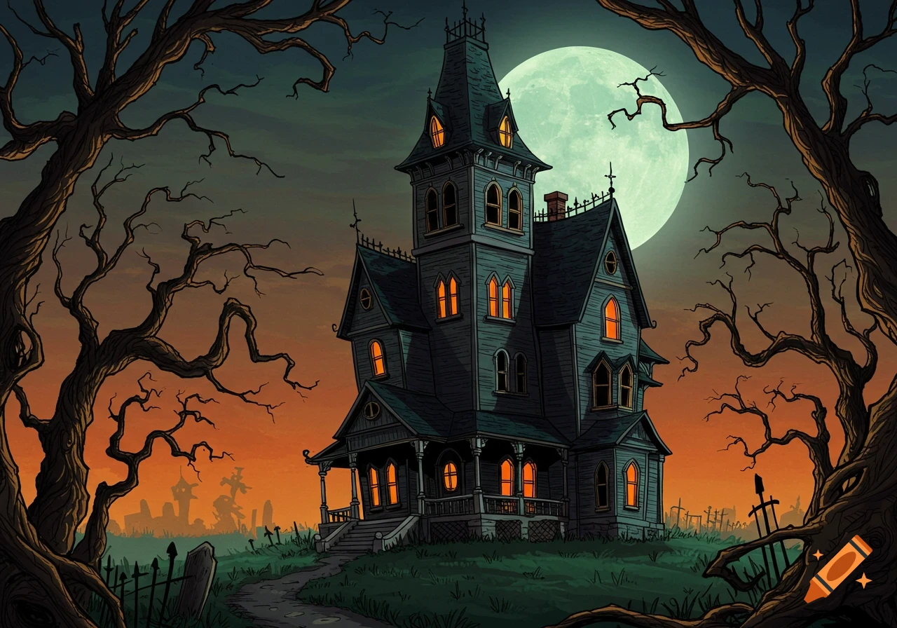 A whimsical, cartoon-style haunted Victorian house with glowing windows under a large full moon, framed by gnarly bare trees at dusk.