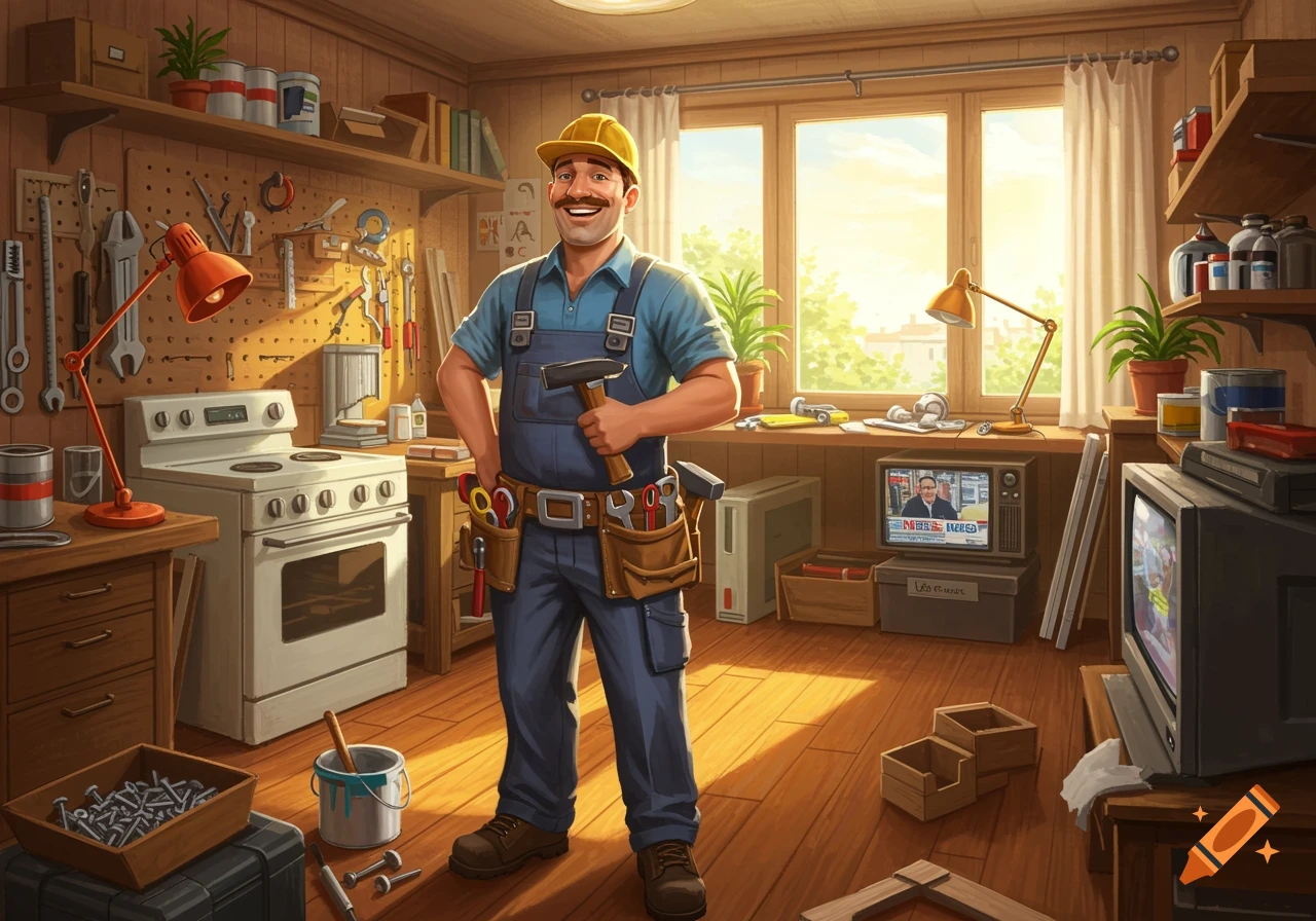A cartoon-style handyman in a blue overall and yellow hard hat stands in a cluttered workshop with tools, an oven, and a TV.