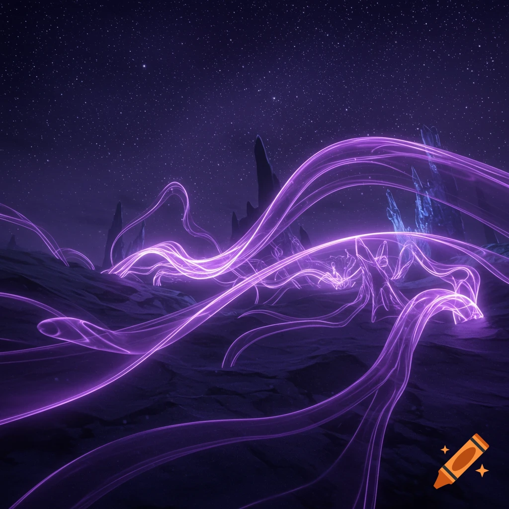 Glowing purple ethereal lines flow across a dark, rocky alien landscape under a starry purple sky.