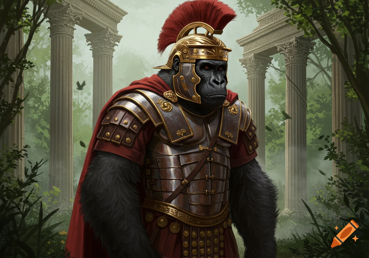 A detailed illustration of a gorilla wearing full Roman legionary armor, standing amidst ancient ruins and trees.
