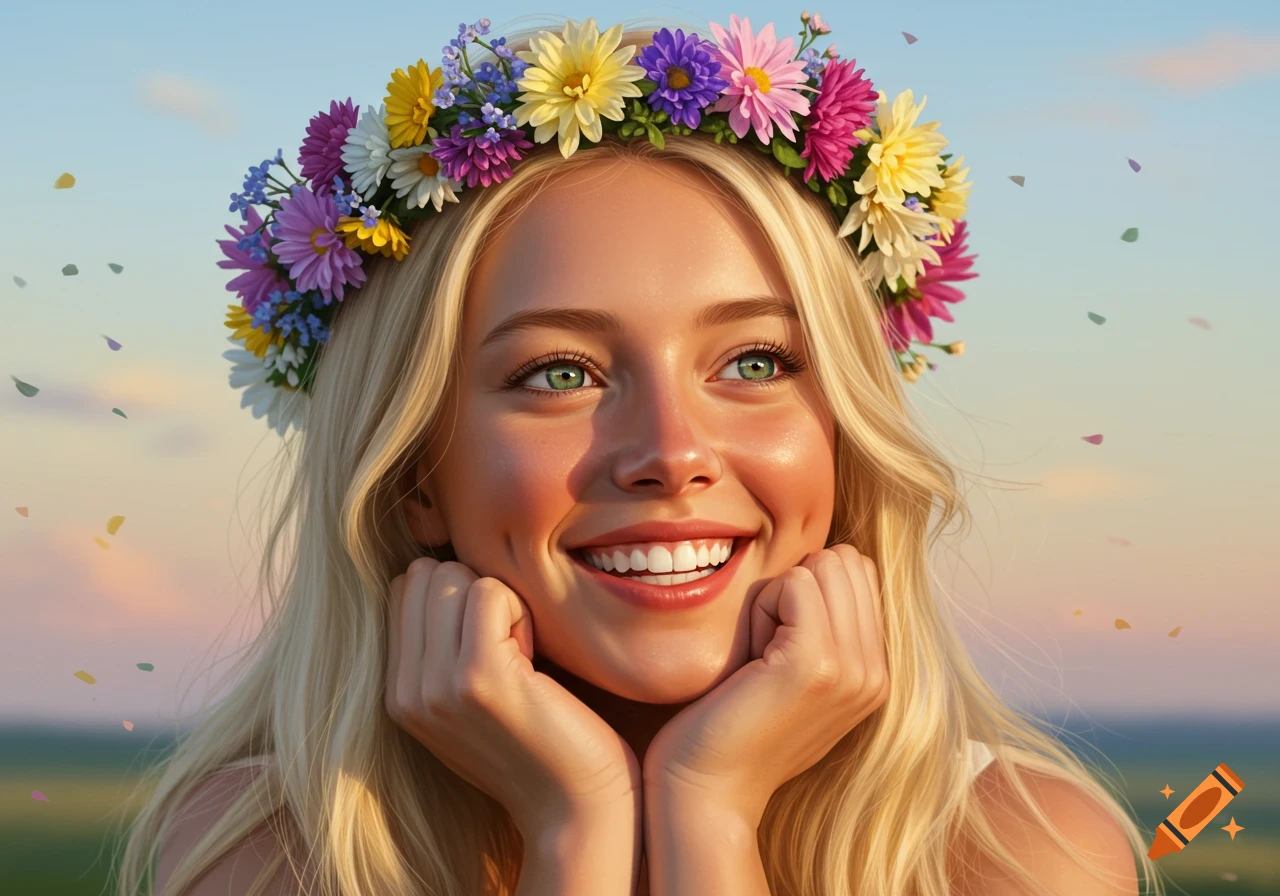 A smiling blond woman with green eyes wears a vibrant flower crown, her hands gently resting on her chin, against a soft outdoor background.