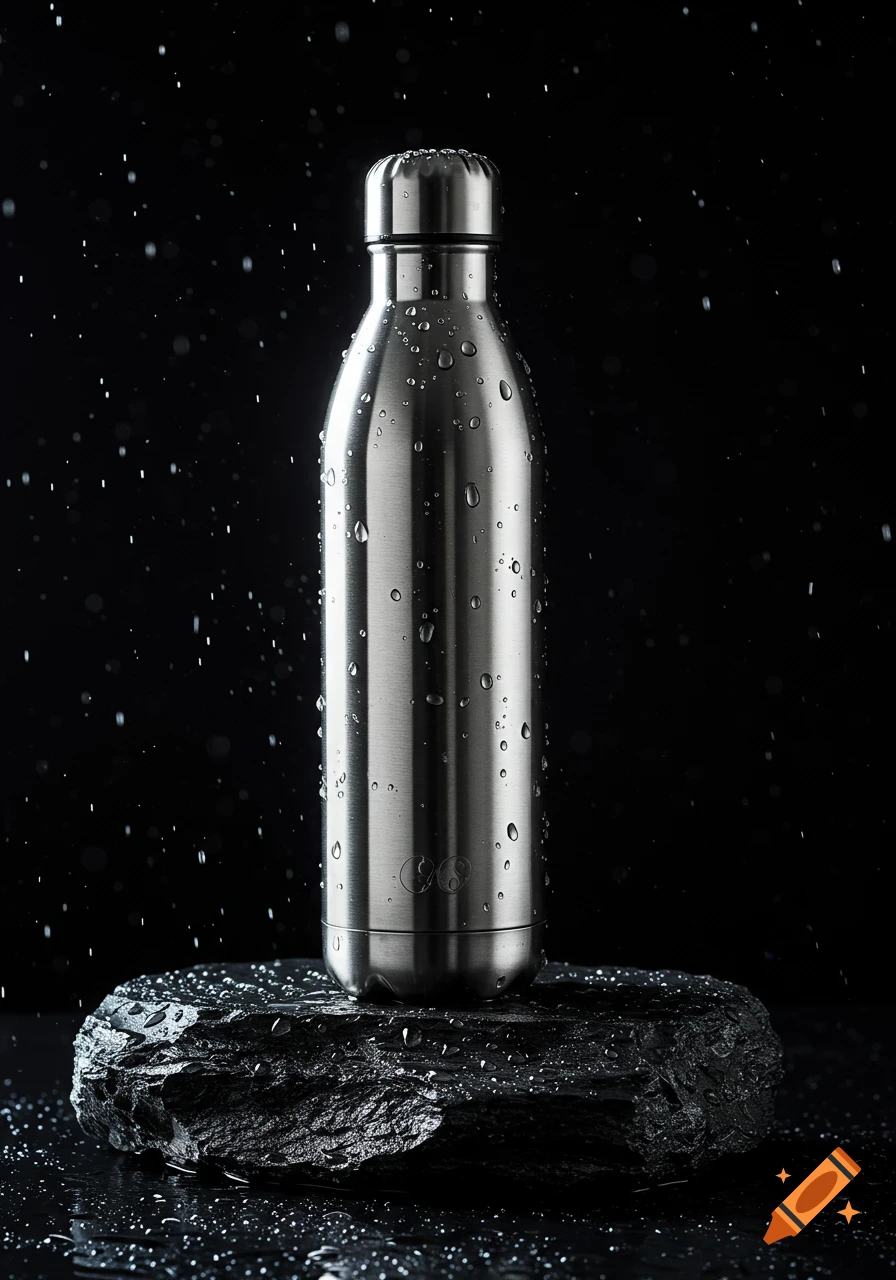 A shiny stainless steel drink bottle covered in water droplets sits on a wet, dark basalt stone with a black background.