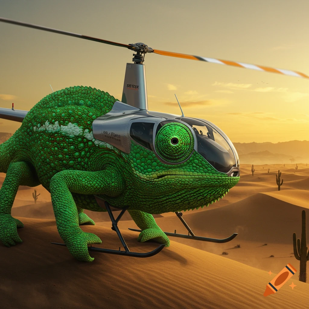 A large green chameleon with a helicopter body and rotor blades on its back stands on sand dunes in a desert at sunset, with cacti in the background.