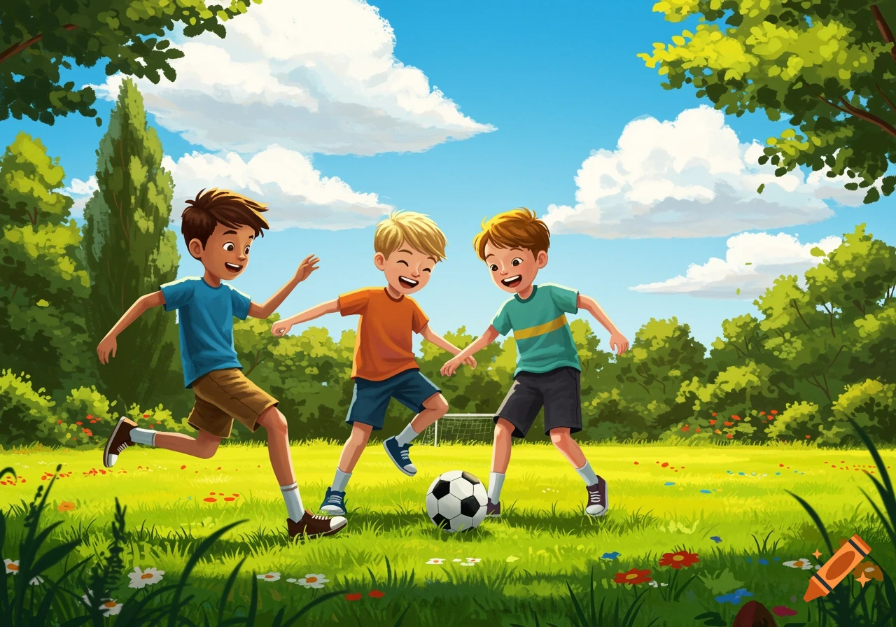 Three cartoon boys happily playing soccer on a sunny green field surrounded by trees under a blue sky.