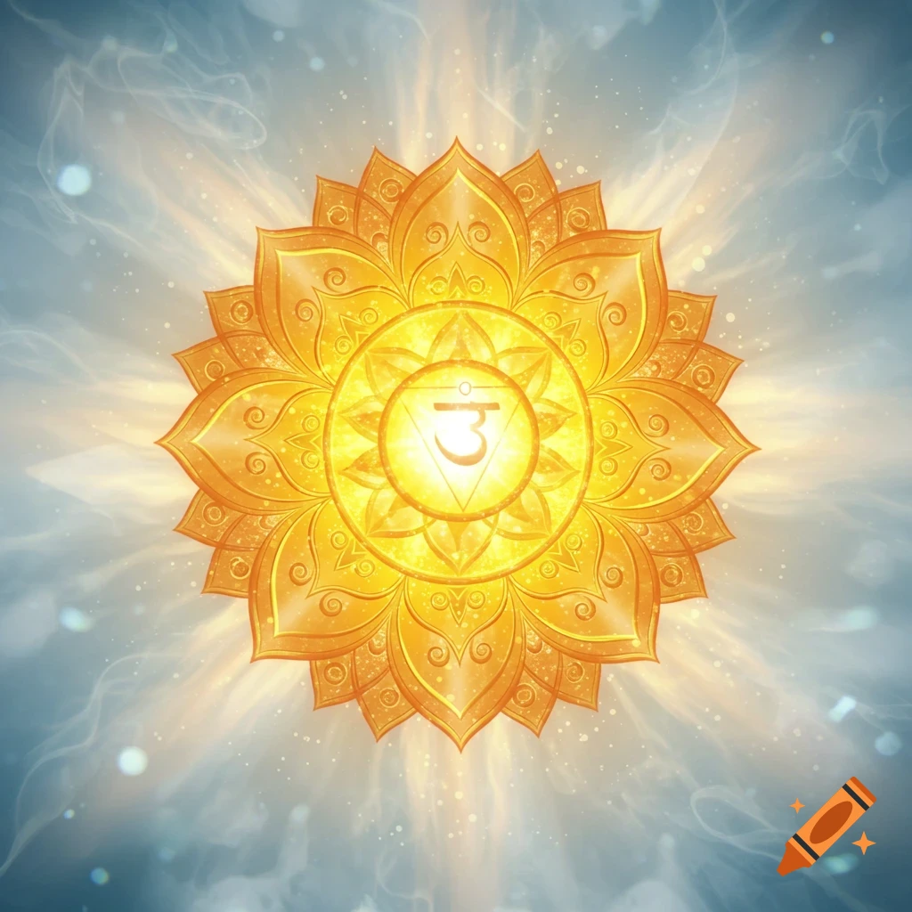 A vibrant golden Manipura (solar plexus) chakra symbol, radiating light from a central Devanagari character, set against a glowing blue and white smoky background.