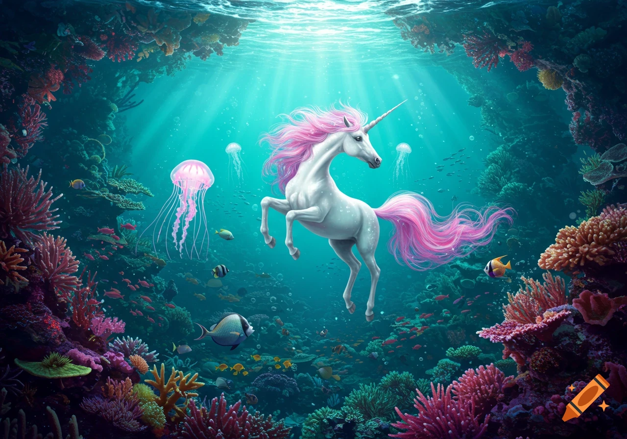 A white unicorn with flowing pink hair swims in a vibrant underwater scene with colorful coral, fish, and luminous jellyfish.
