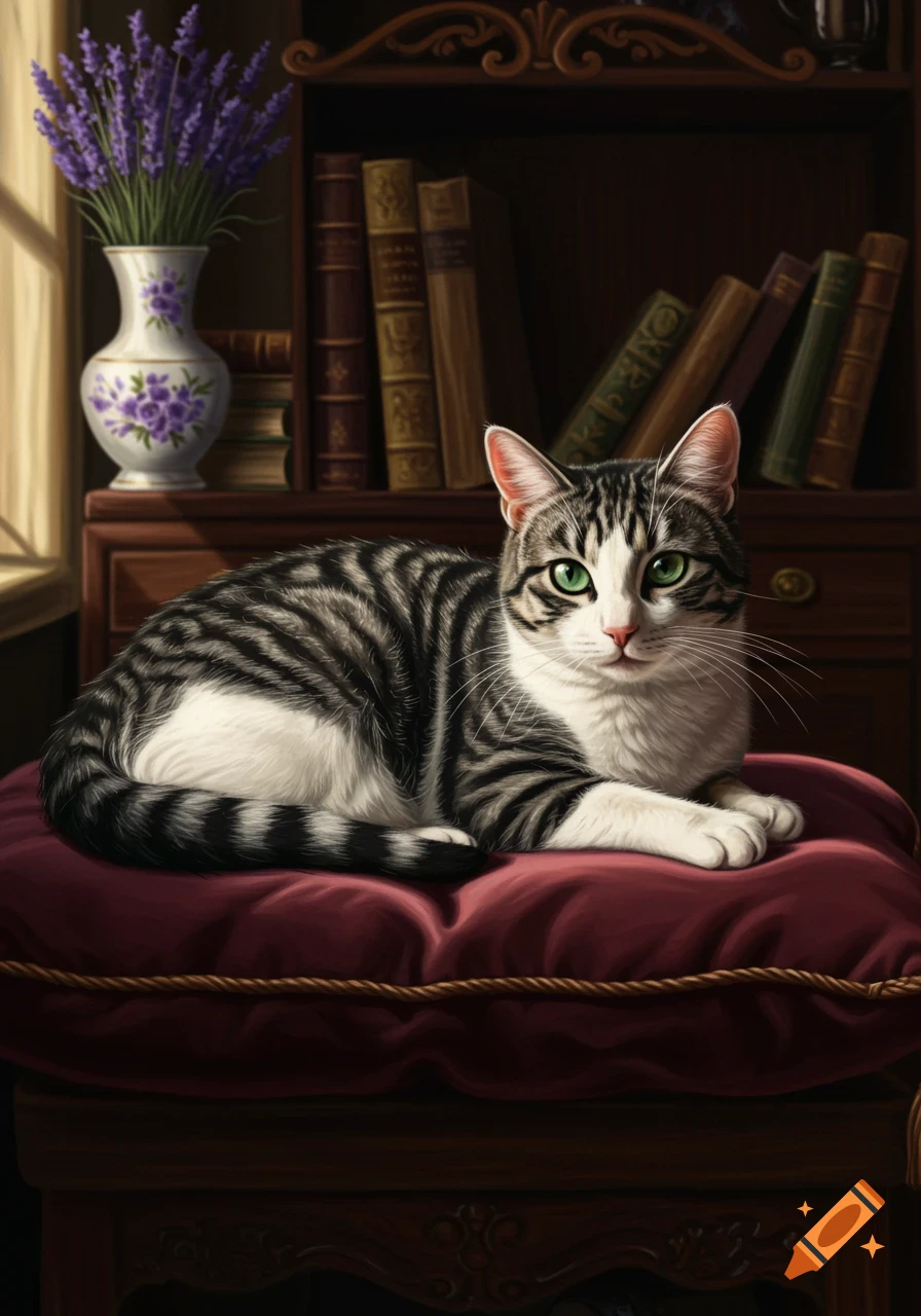 A striped black and white cat with green eyes rests on a red pillow in front of a bookshelf with books and lavender.