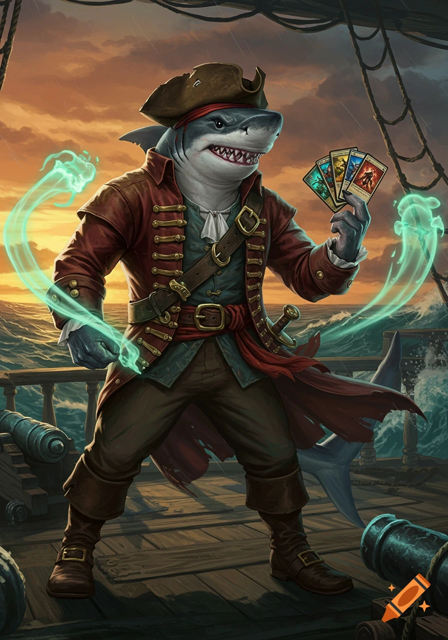 An anthropomorphic shark pirate in a red coat and tricorn hat stands on a ship deck, holding four fantasy cards and surrounded by green magic.
