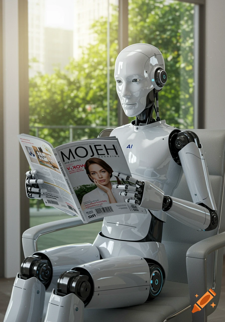 A photorealistic white robot with black joints sits in a chair, reading a magazine with a woman's portrait on the cover, in a sunlit room with greenery outside.