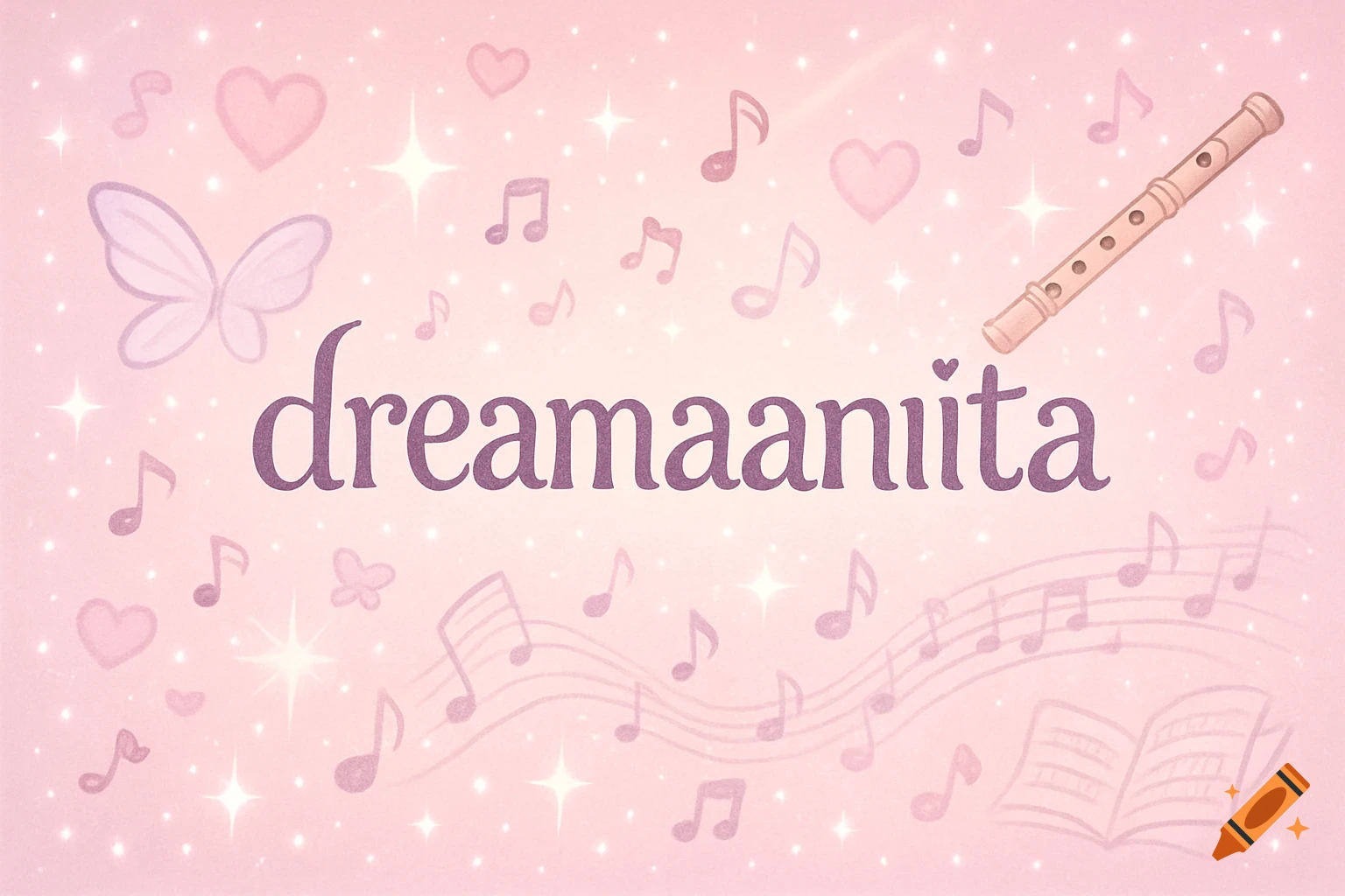 The word 'dreamaaniita' in purple on a pastel pink background with pink hearts, music notes, sparkles, a butterfly, and a flute.